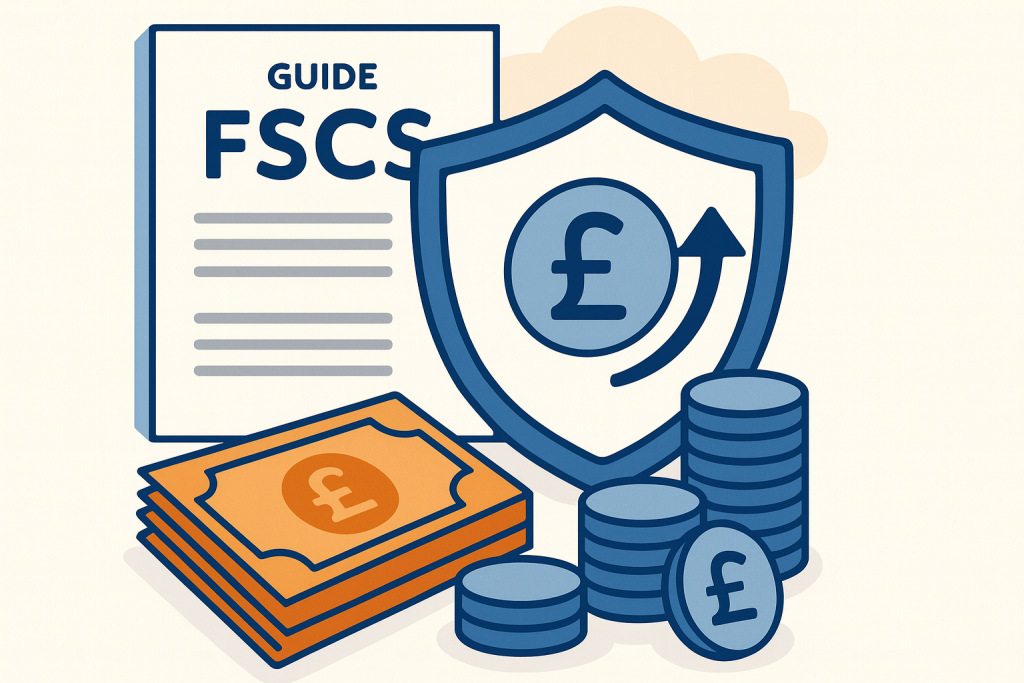 Document labelled 'Guide FSCS' with coins and notes representing the increase in the deposit protection limit.